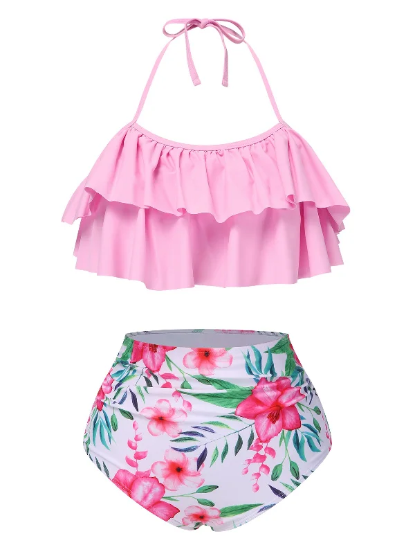 Pink 1930s Floral Ruffle Halter Swimsuit Elegant Ruffle Swimsuit