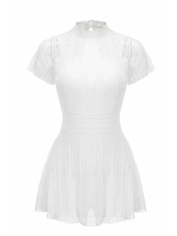 White 1940s Soild Lace Translucent Swimsuit Tie-Back Swimwear