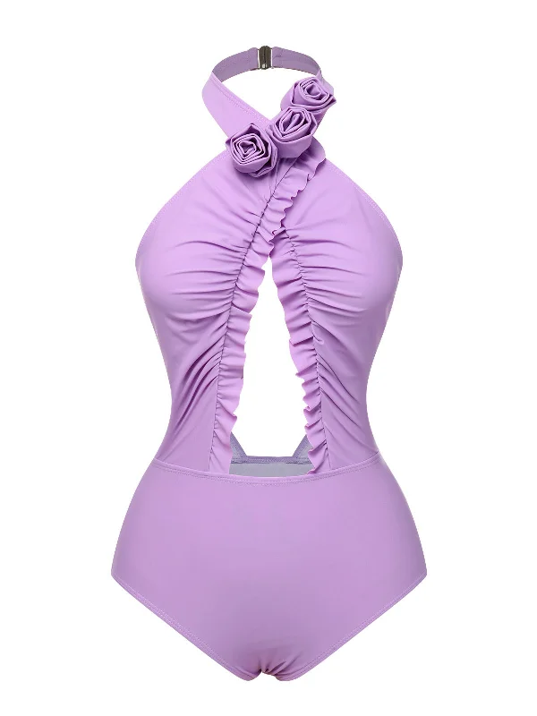 Lavender 1940s 3D Flowers Halter One-Piece Swimsuit Summer Ready Swimsuit