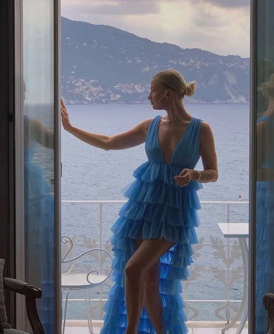 Blue V Neck High Low Tulle Party Dress Homecoming Dress,DP1758 A-Line Day Work
