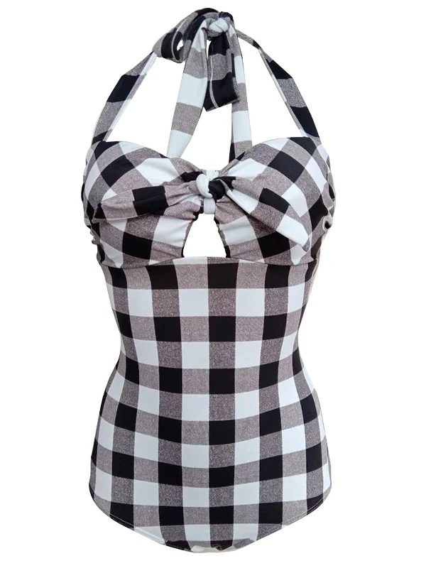[US Warehouse] 1950s Plaid Halter One-Piece Swimsuit Lace-Detail Bikini Set