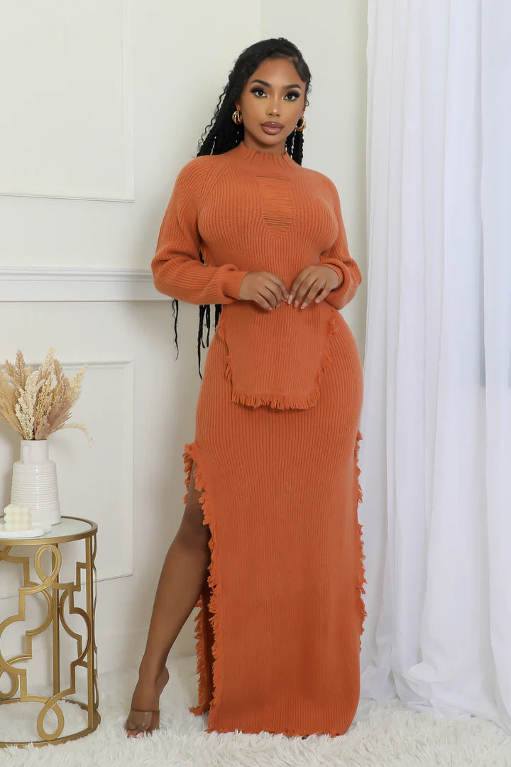 28122P - KNIT MOCK NECK LS TOP & SKIRT SET spandex blend skirt
