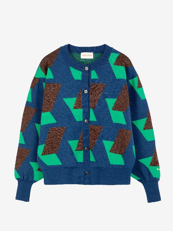 Multicolour checked jacquard knitted cardigan Chenille Brocade Lace