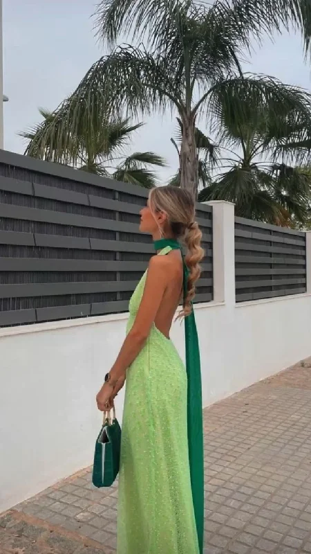 Green Halter Backless A-Line Long Party Dress Wedding Guest Dress,DP1928 Tunics Practical easy-care