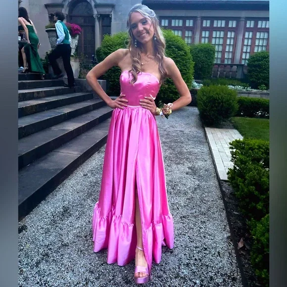 Pink Strapless A-Line Satin Long Party Dress with Slit,DP1873 Satin Halter Glamorous