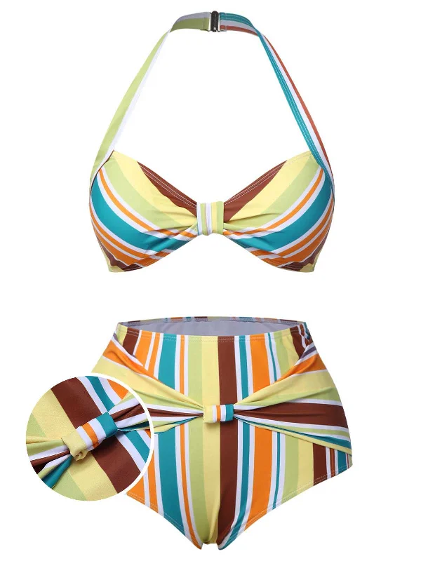 1930s Halter Contrast Stripes Swimsuit Classic One-Piece