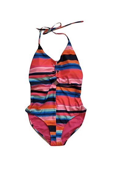 George Bodysculpt Stripe Pattern Womens Swimsuit Plunge Neckline Swimsuit