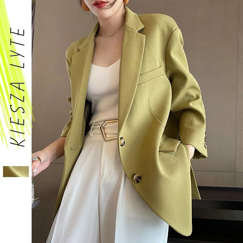 Suit Jacket for Women 2022 Spring Autumn Long Sleeve Casual Loose Solid Green Blazer Work Wear Outwear Zip Front Button Front Snap Front