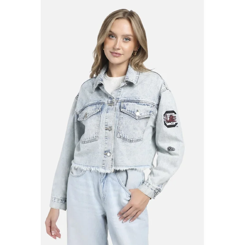 SOUTH CAROLINA GAMECOCKS LADIES DENIM JACKET WITH SCRIPT BACK One-Shoulder Jacket Off-the-Shoulder Jacket Asymmetrical Jacket