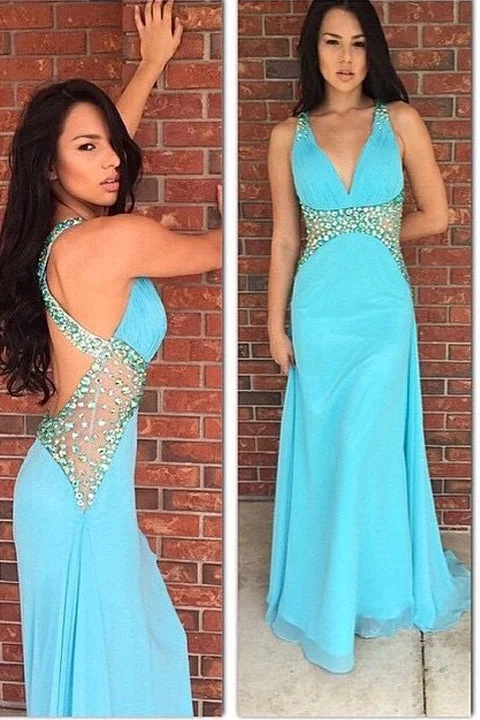 Backless Off the Shoulder V Neck Sexy Ice Blue Prom Dress Evening Gowns Party Dresses Tunics Sophisticated sleek
