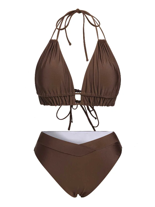 Brown 1960s Halter Solid Swimsuit Shiny One-Piece Swimsuit