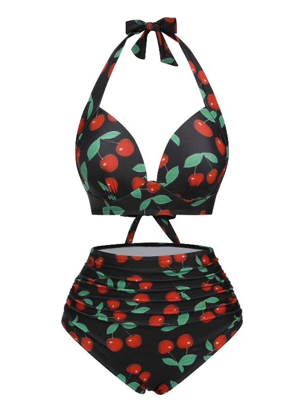 Black 1960s Halter Cherry Swimsuit Classic Monokini Design