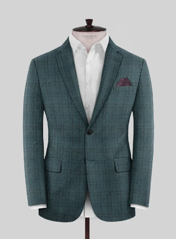 Reda Dark Teal Checks Wool Jacket Zippered Jacket Buttoned Jacket Snapped Jacket