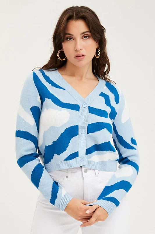 Abstract Print Knit Cardigan Long Sleeve V-Neck Solid Print Embellished