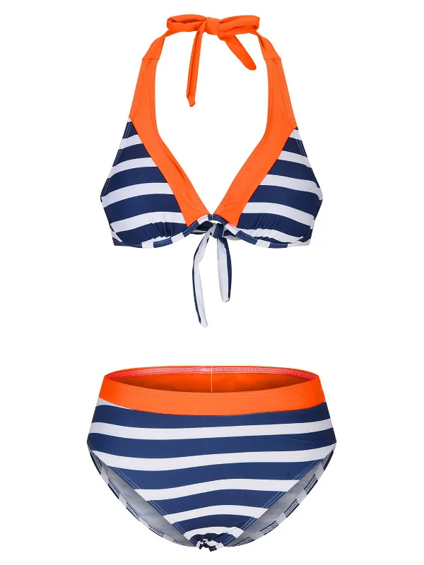 Orange & Blue 1960s Halter Striped Swimsuit Retro Swimwear Style
