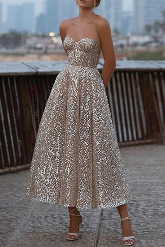 Strapless A Line Sparkly Ankle Length Prom Dress School Party Dress OK1381 Tunics Chinos classic