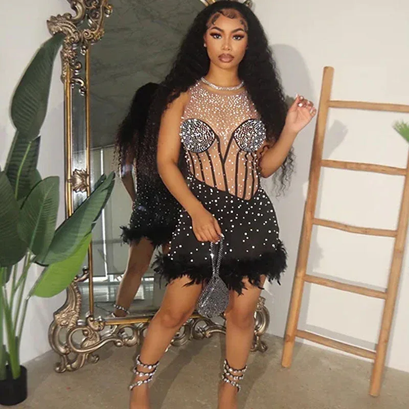 Luxury Rhinestone Feathers Mesh Birthday Party Dress Evening Cocktail Dress, DP2375 Off-the-shoulder Chic Trendy