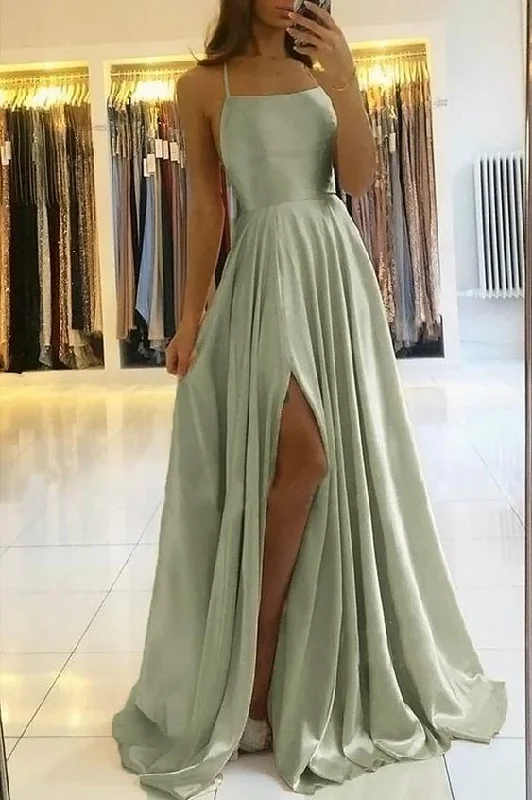 Simple A Line Sage Green Long Prom Dresses With Slit Evening Party Dress OKX79 Off-the-shoulder Bohemian Festive