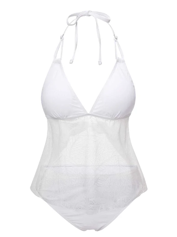 White 1930s Halter Backless Solid Swimsuit V-Neck Swim Dress