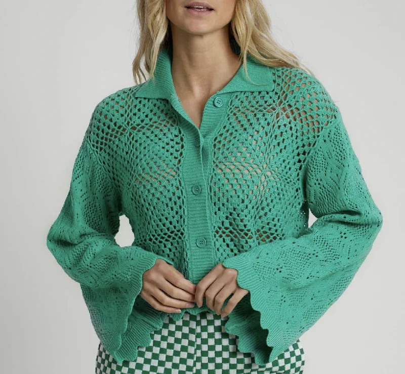 Maddox Crochet Cardigan - Green Hooded Caped Shawl Collar