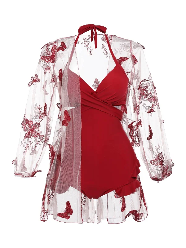 2PCS 1960s Red Butterfly Halter One-piece Swimsuit Ruffled Swimsuit Top
