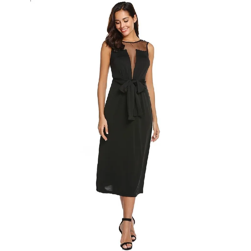 AL'OFA Women Long Cocktail Dresses O-Neck Short Sleeveless Hollow Patchwork Sexy Party Dress Female Clothing sweetheart Neckline Romantic