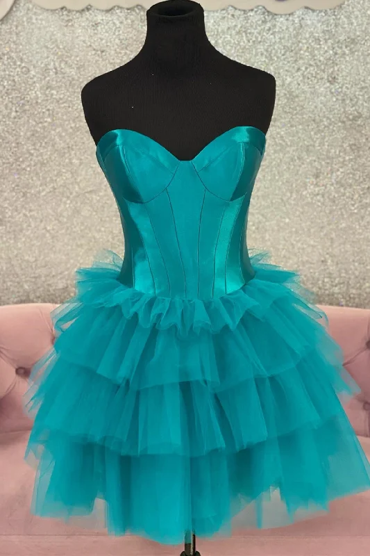 Sweetheart Teal A-line Short Ruffle Party Dress Crew Neckline Sporty