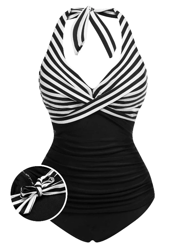 1950s Halter Stripes Floral One-Piece Swimsuit Plunge Back Swimsuit