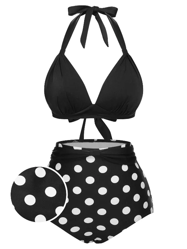 1950s Halter Contrast Polka Dots Swimsuit Classic One-Piece