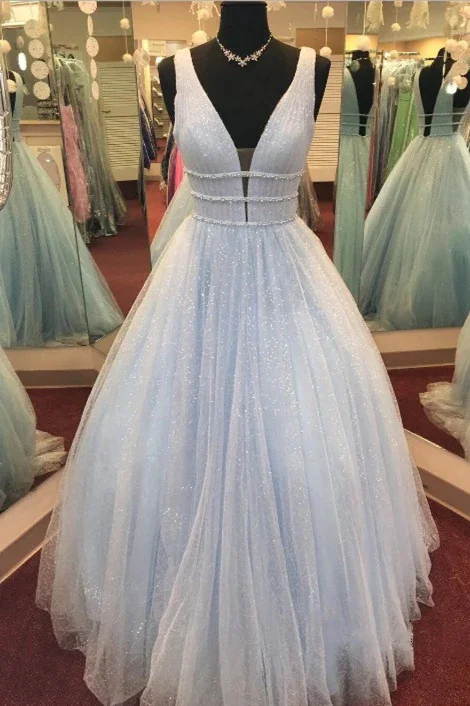 Shiny V Neck Tulle A-Line Long Prom Dress Formal Party Dress,DP1283 Tunics Denim casual
