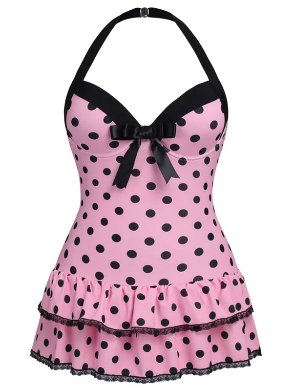 [Plus Size] Pink 1940s Polka Dots Hater Swimsuit Push-Up Bikini Top