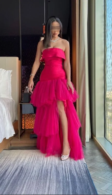 Hot Pink A-Line Strapless Tulle Tiered Long Party Dress,DP1184 Tunics Essential wardrobe
