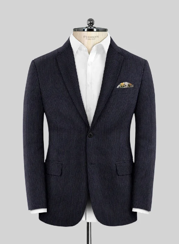 Lanificio Zegna Loop Laonel Blue Stripe Wool Jacket Front Pockets Side Pockets Patch Pockets