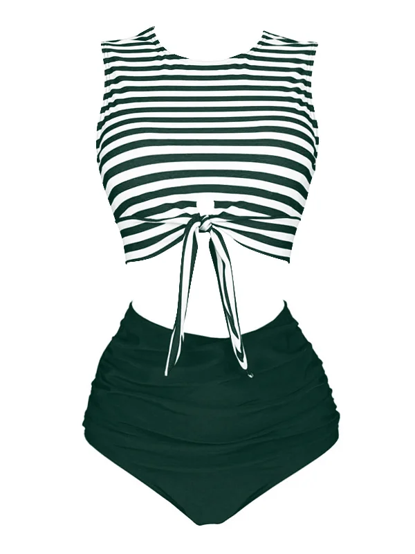 [Pre-Sale] Green 1970s Striped Waist Tie Patchwork Swimsuit Adjustable Swim Top