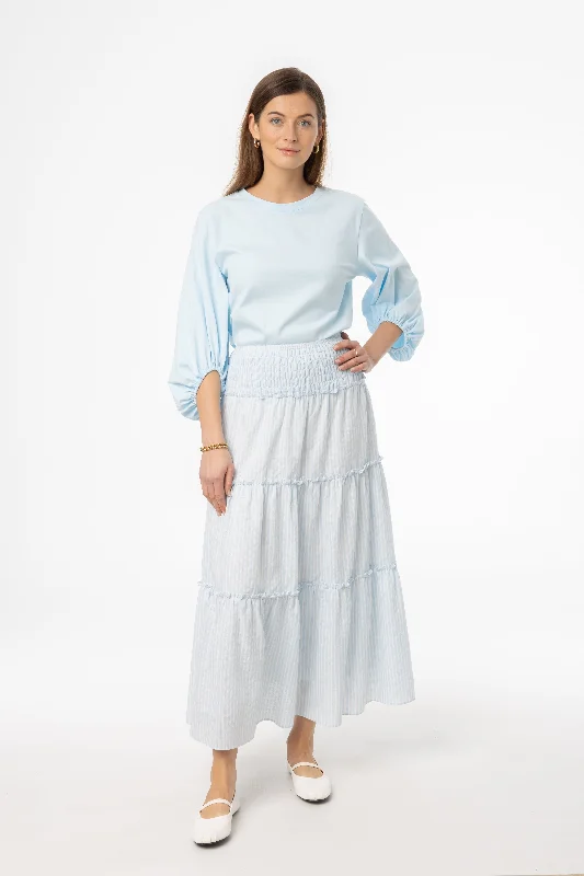 Light Blue Striped Maxi Skirt ruffled skirt detail