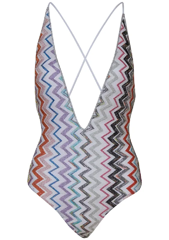 Deep V-Neck Swimsuit Metallic Multicolour Minimalist One-Piece