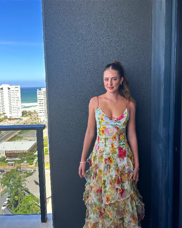 Green Floral Printed A-Line Backless Ruffle Long Party Dress, DP2024 Tunics Fashionable trendy
