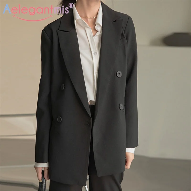 Aelegantmis Elegant Classic Office Lady Black Blazer Women Spring 2022 Button Chic Casual OL Female Solid Blazer Jacket Suit New Zip Front Button Front Snap Front