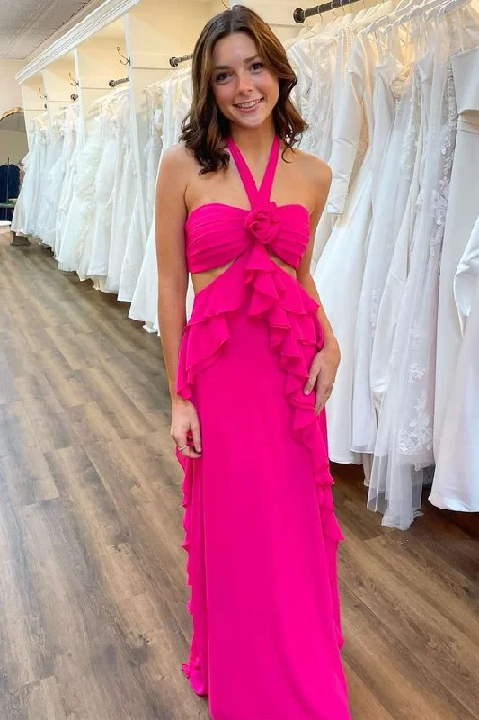 Hot Pink A-Line Halter Cut Out Long Party Dress with Ruffles,DP1183 Tunics Versatile stylish