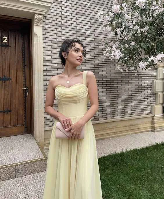 Light Yellow Sweetheart One Shoulder A-Line Long Party Dress,DP1768 Tunics Fleece cozy