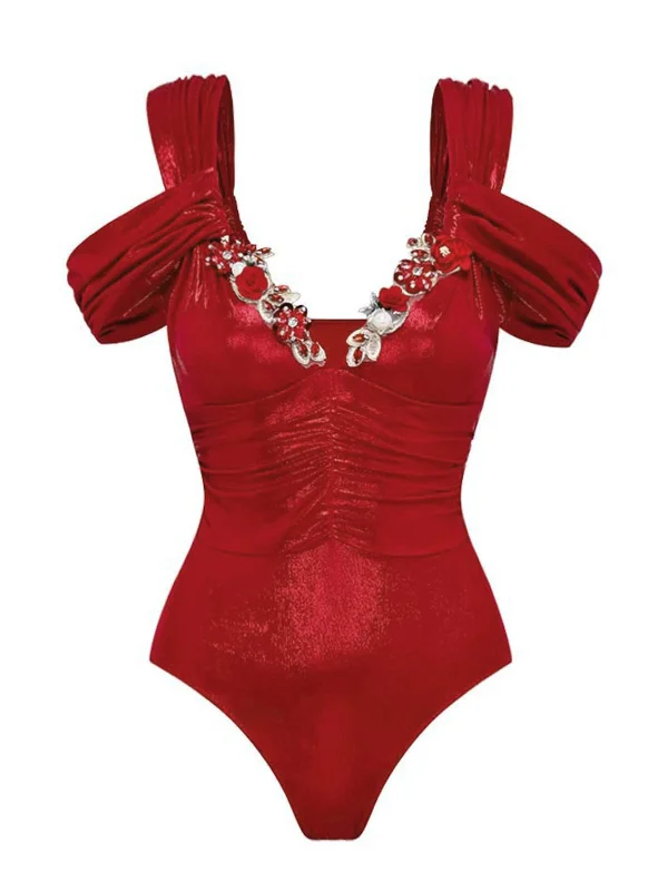 Red 1950s Off-Shoulder 3D Floral One-Piece Swimsuit Halter Neck Swimsuit