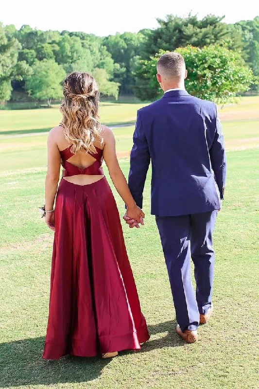 Burgundy V Neck A-Line Satin Formal Long Party Dress, DP1998 Mermaid Tail Wedding