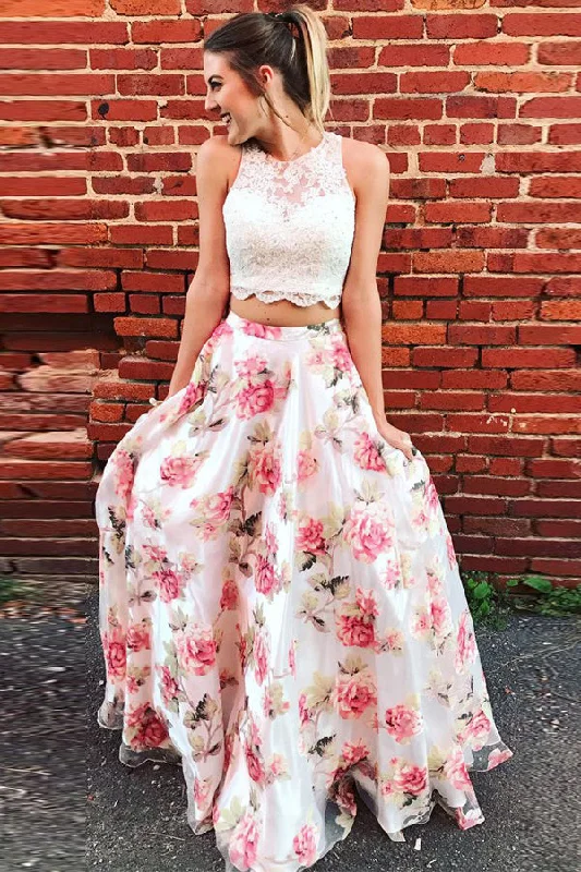 Two Piece Floral Long Lace A Line Prom Dresses Graduation Party Dress OK880 Tunics Fall fleece