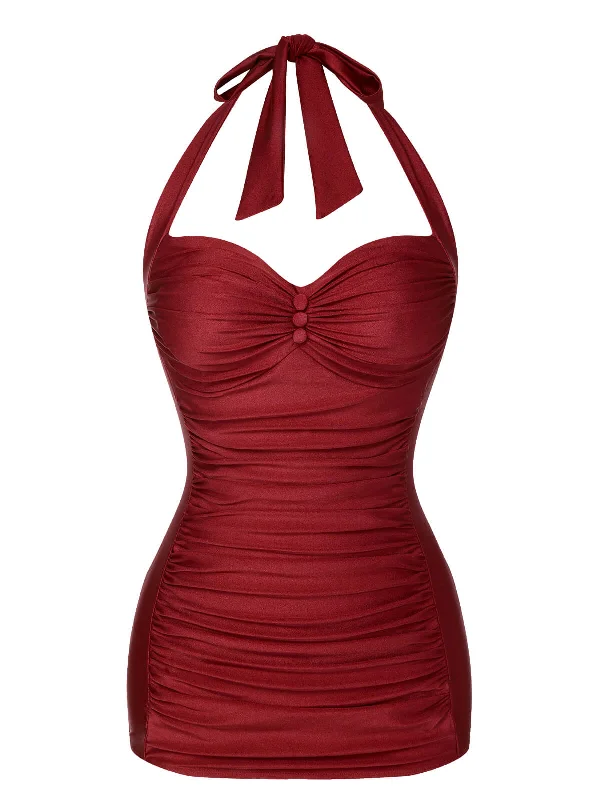 Red 1950s Solid Gathered Halter Swimsuit Button-Front Swimsuit