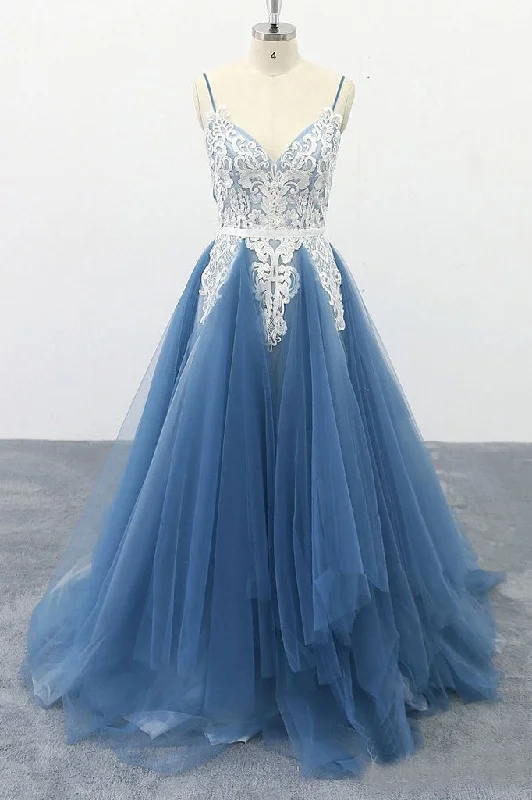 Spaghetti Straps A-line Party Dress Appliques Blue Tulle Prom Dress OKS13 Tunics Long Elegant