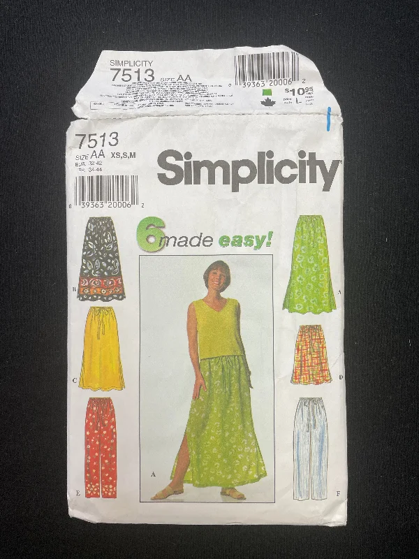 1997 Simplicity 7513 Sewing Pattern - Skirt's FACTORY FOLDED silk skirt smooth