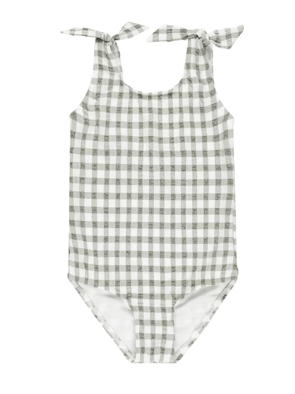 Rylee & Cru Millie One-Piece Swimsuit, Eucalyptus Check High-Waisted Swimwear
