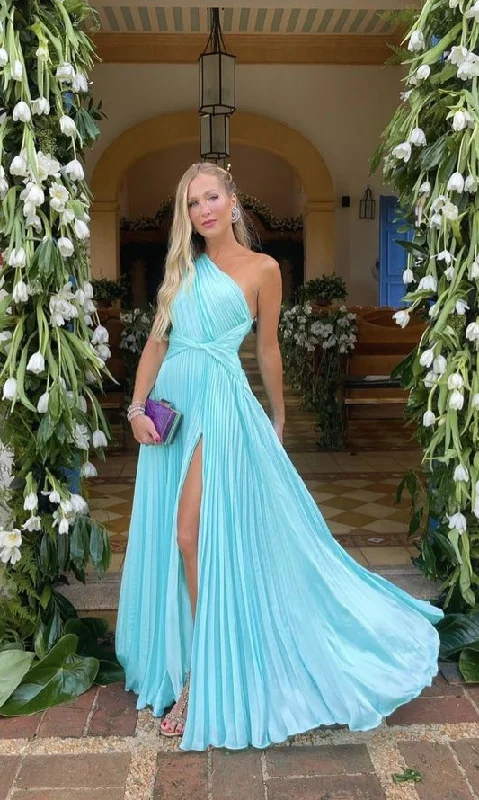 Blue One Shoulder A-Line Pleated Long Party Dress Evening Dress,DP1808 Pencil Length Work