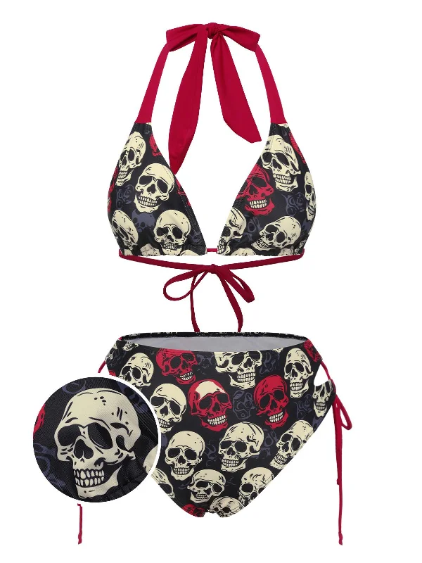 Multicolor 1950s Skull Halter Swimsuit Mesh Swimsuit Top