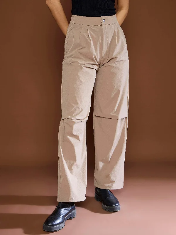 Women Unisex Taupe Front Dart Baggy Parachute Pants Relaxed Fit Trousers